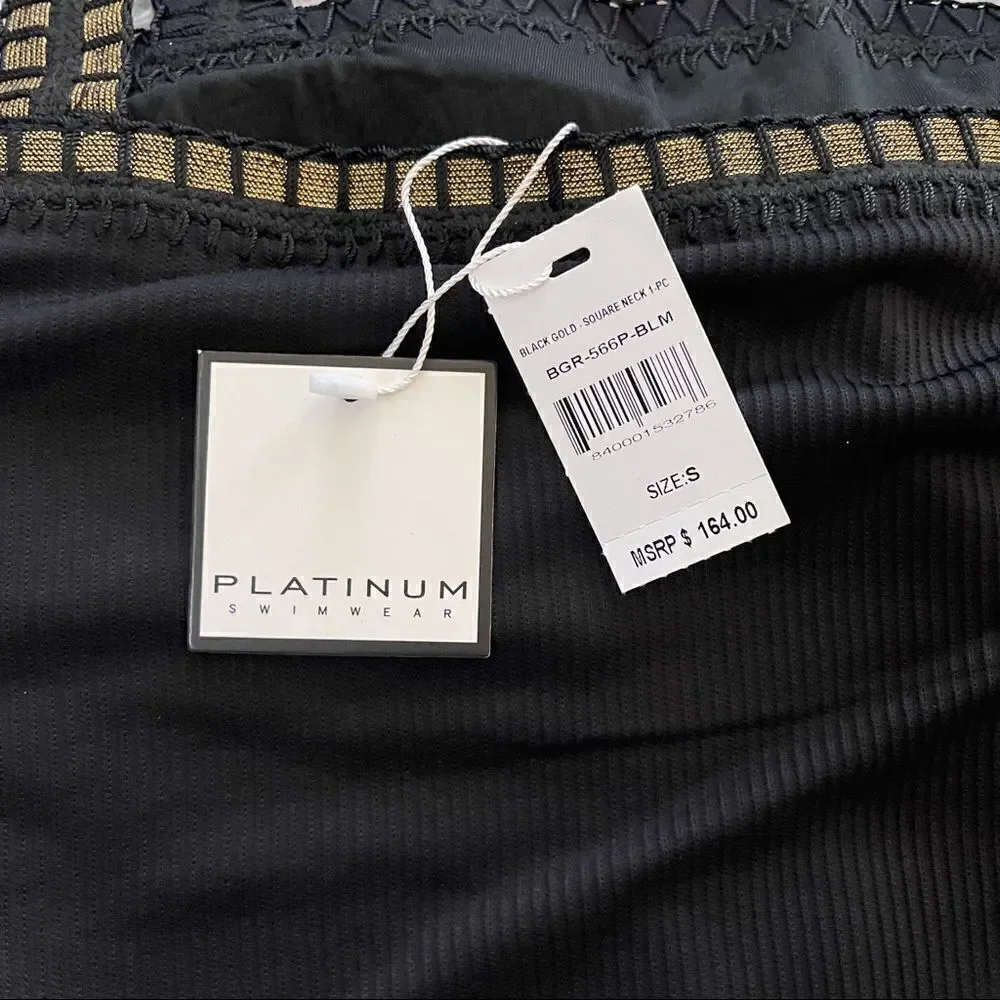 Platinum Swimwear Black Square Neck One Piece Swimsuit with Gold Trim SZ S BNWT